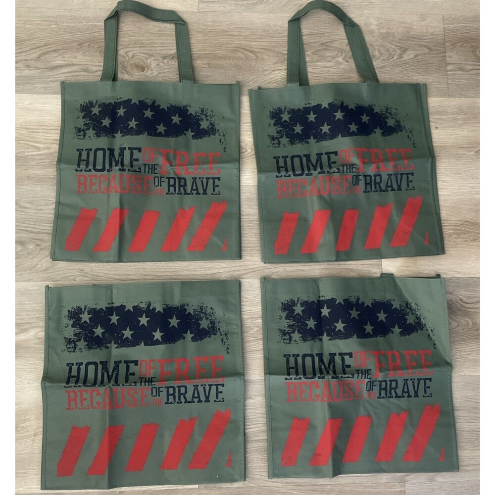 Lot Of 4 Home of The Free Because Of The Brave Reusable Bags Army Green